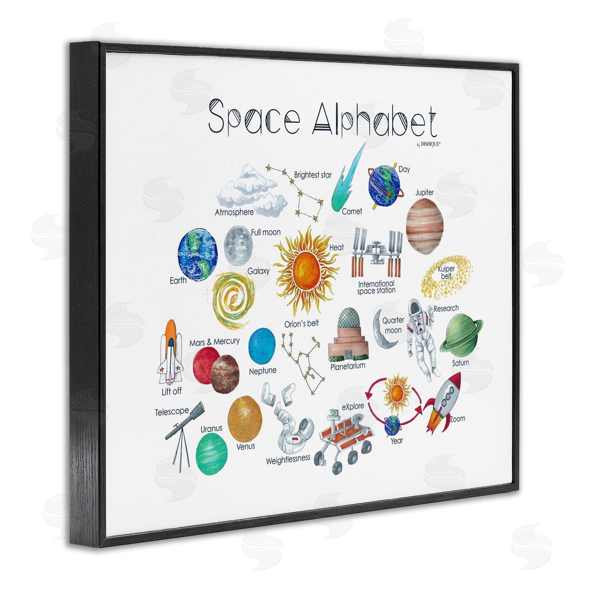Dishique Outer Space Educational Alphabet Kids Learning Chart Black Framed Giclee Wall Art Print