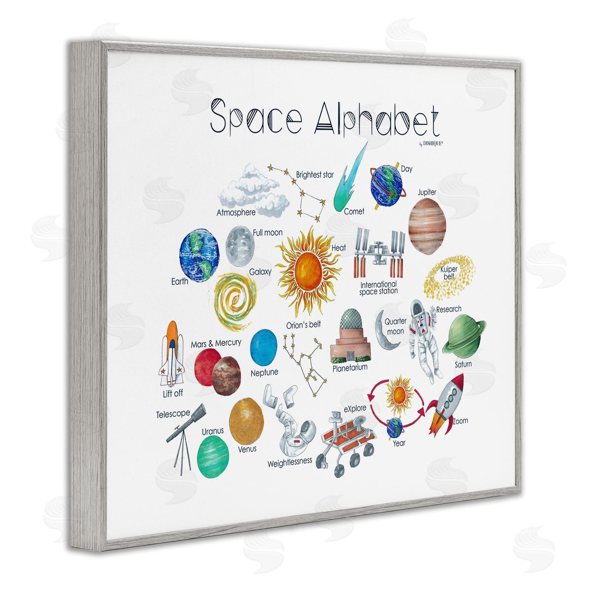 Dishique Outer Space Educational Alphabet Kids Learning Chart Gray Framed Giclee Wall Art Print