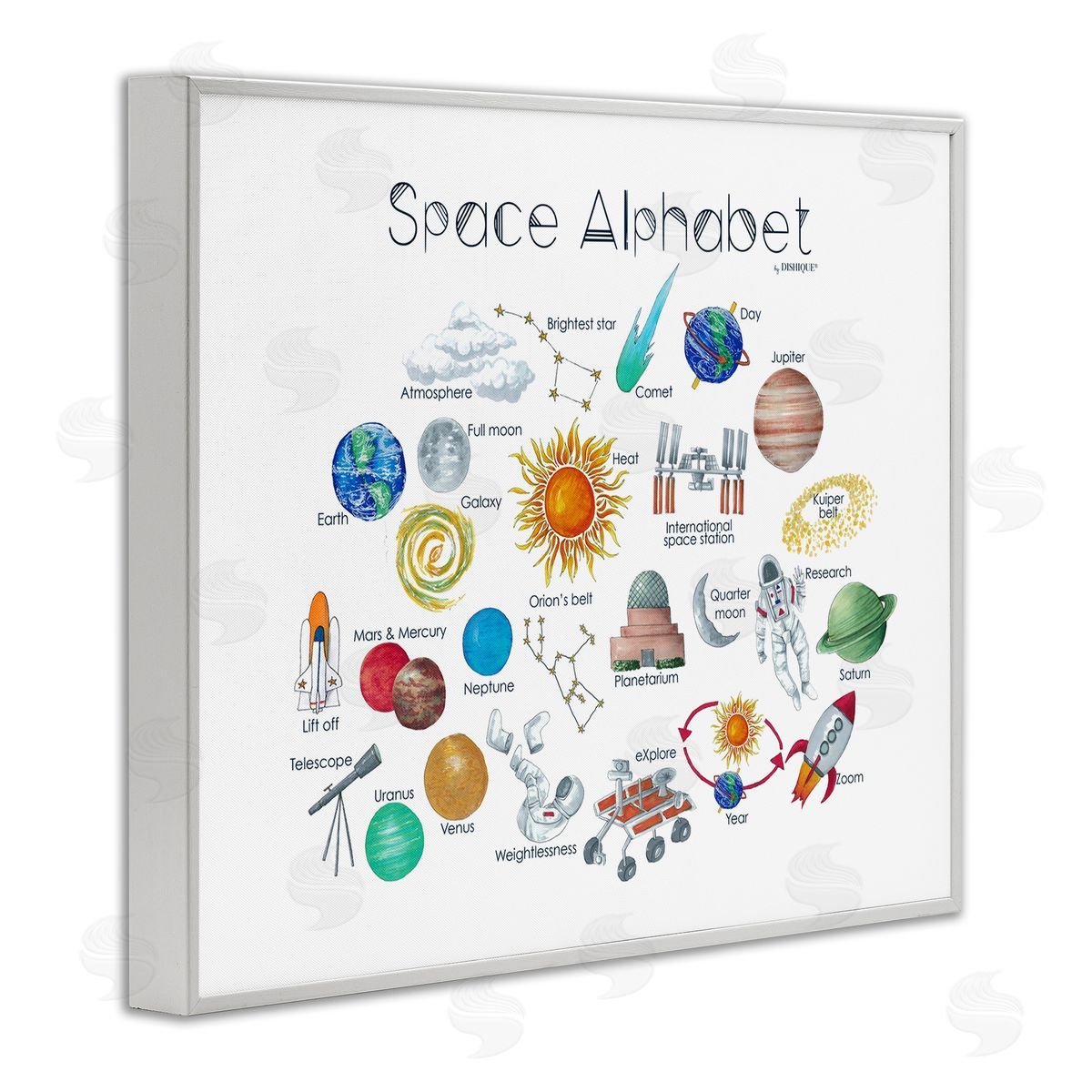 Dishique Outer Space Educational Alphabet Kids Learning Chart White Framed Giclee Wall Art Print