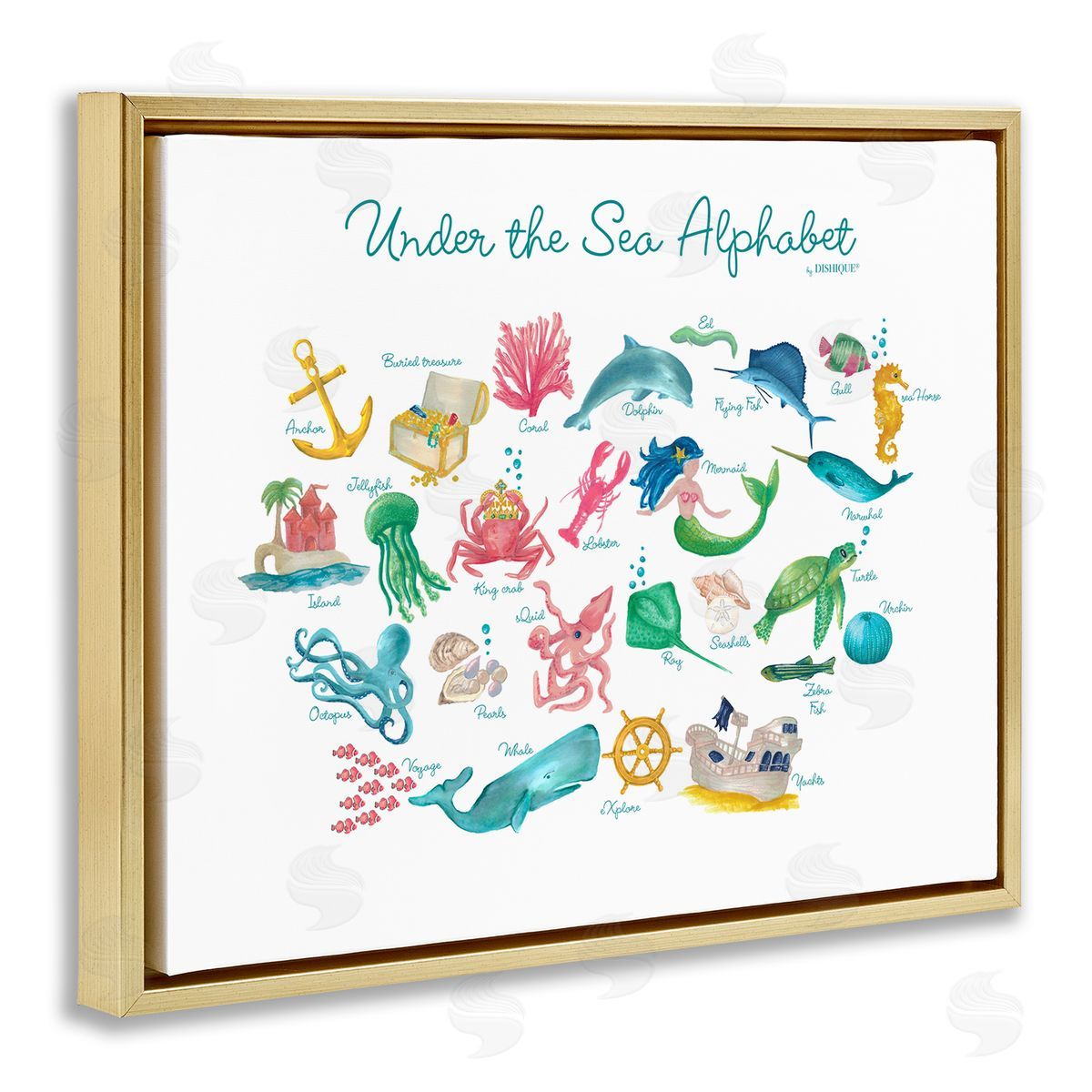 Dishique Under the Sea Educational Alphabet Sea Life Learning Gold Floating Frame Canvas Wall Art Print