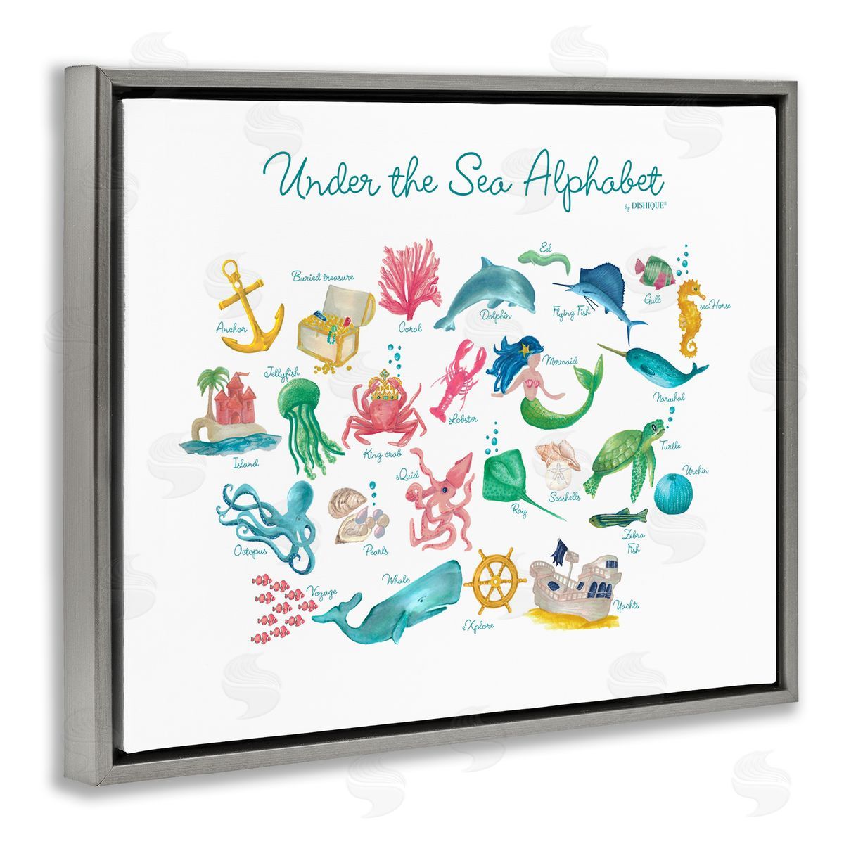 Dishique Under the Sea Educational Alphabet Sea Life Learning Gray Floating Frame Canvas Wall Art Print
