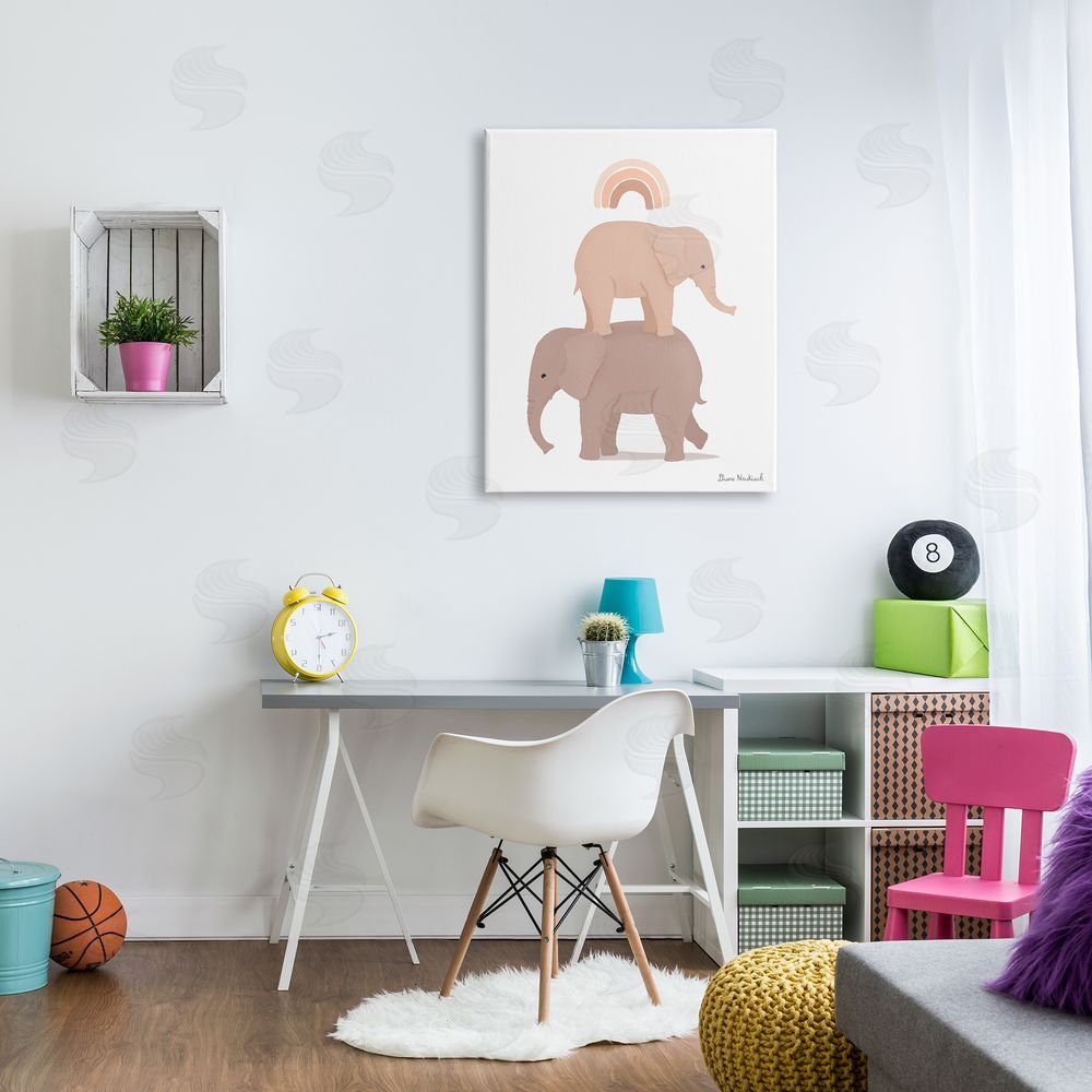 Diane Neukirch Two Elephants Standing Under Rainbow Neutral Tones Canvas Wall Art Print in Room