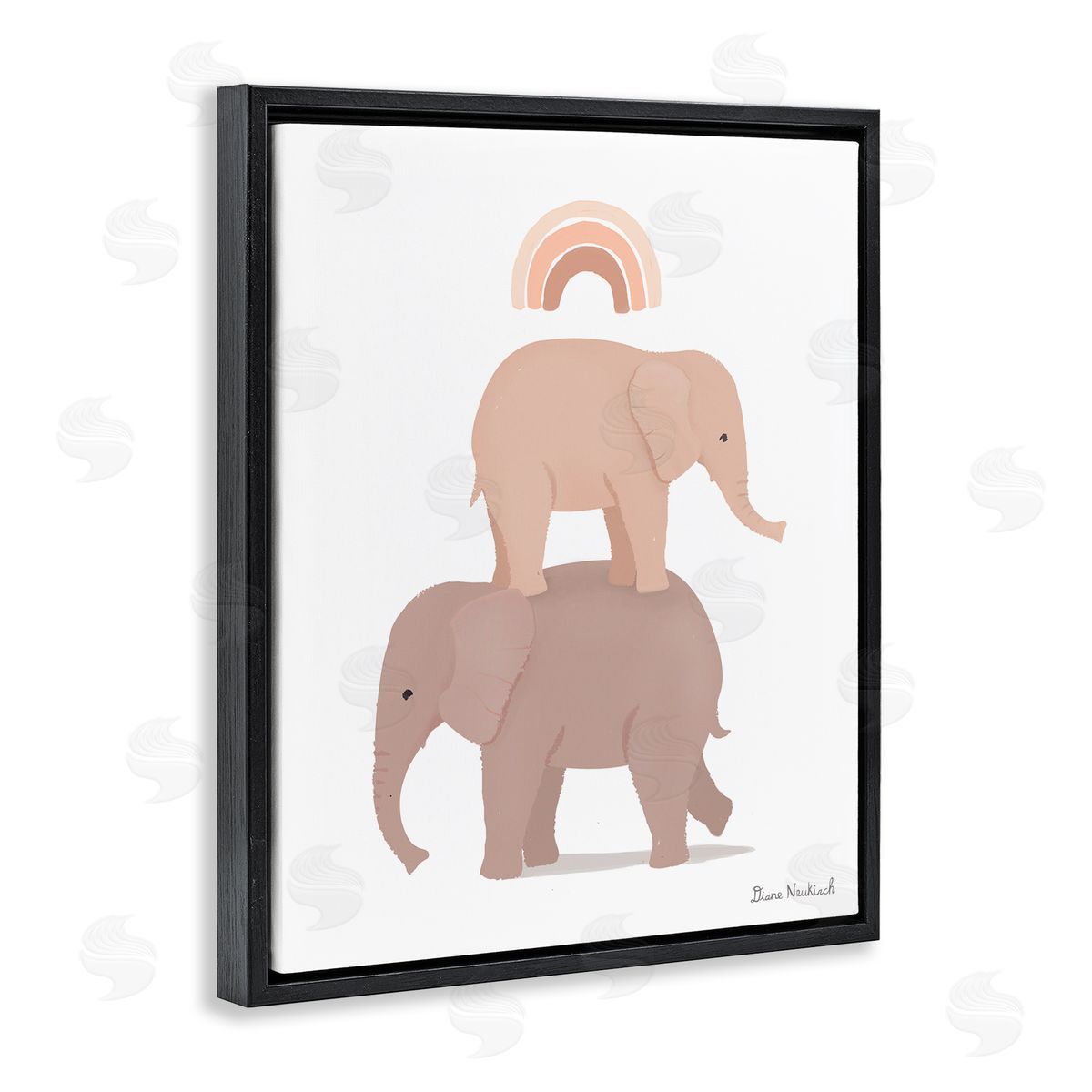 Diane Neukirch Two Elephants Standing Under Rainbow Neutral Tones Black Floating Frame Canvas Wall Art Print