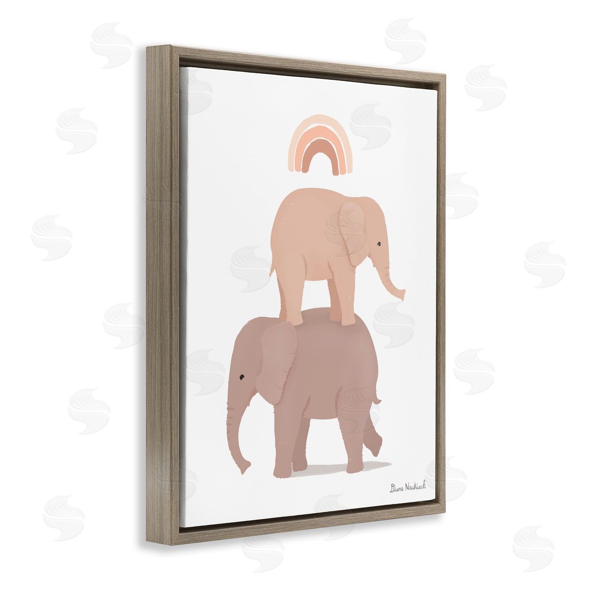Diane Neukirch Two Elephants Standing Under Rainbow Neutral Tones Brown Floating Frame Canvas Wall Art Print