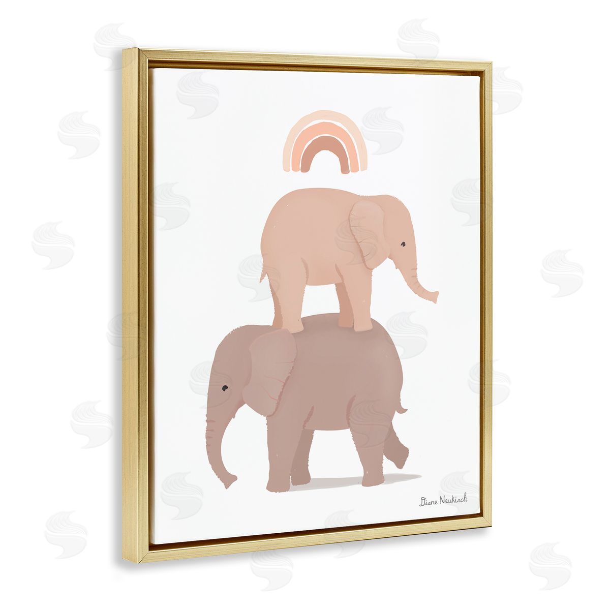 Diane Neukirch Two Elephants Standing Under Rainbow Neutral Tones Gold Floating Frame Canvas Wall Art Print