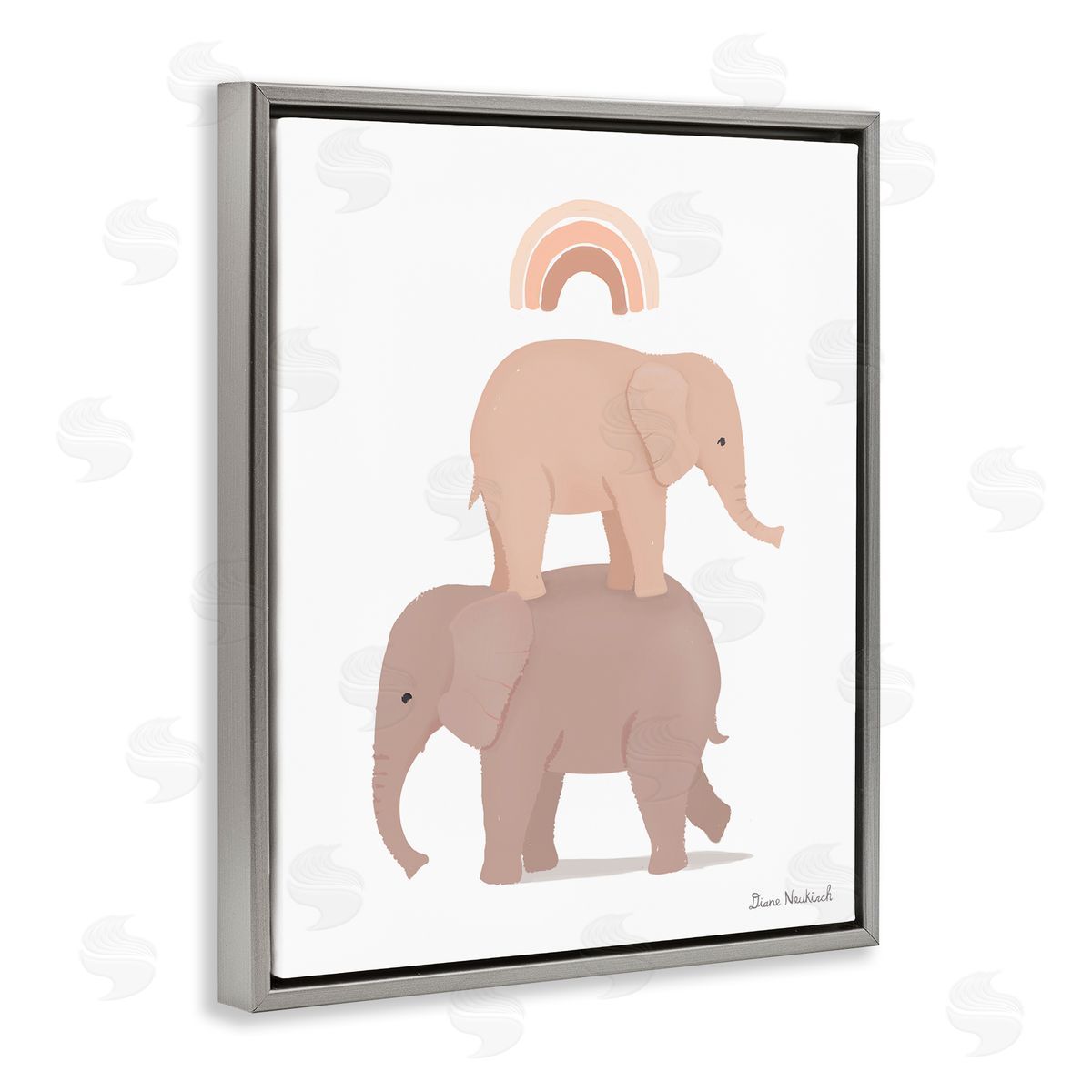 Diane Neukirch Two Elephants Standing Under Rainbow Neutral Tones Gray Floating Frame Canvas Wall Art Print