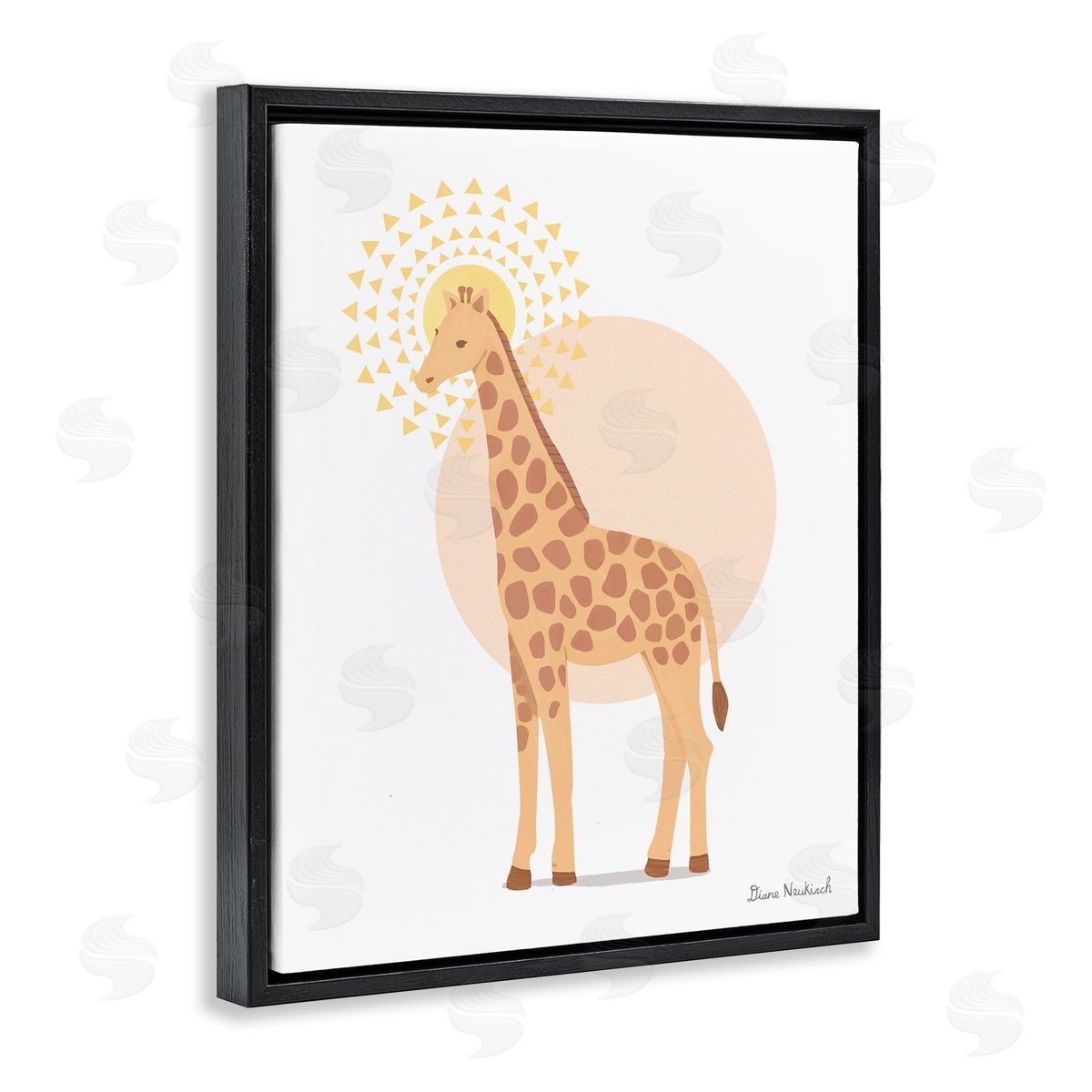 Diane Neukirch Graceful Giraffe Geometric Sun Pattern Animal Illustration Black Floating Frame Canvas Wall Art Print