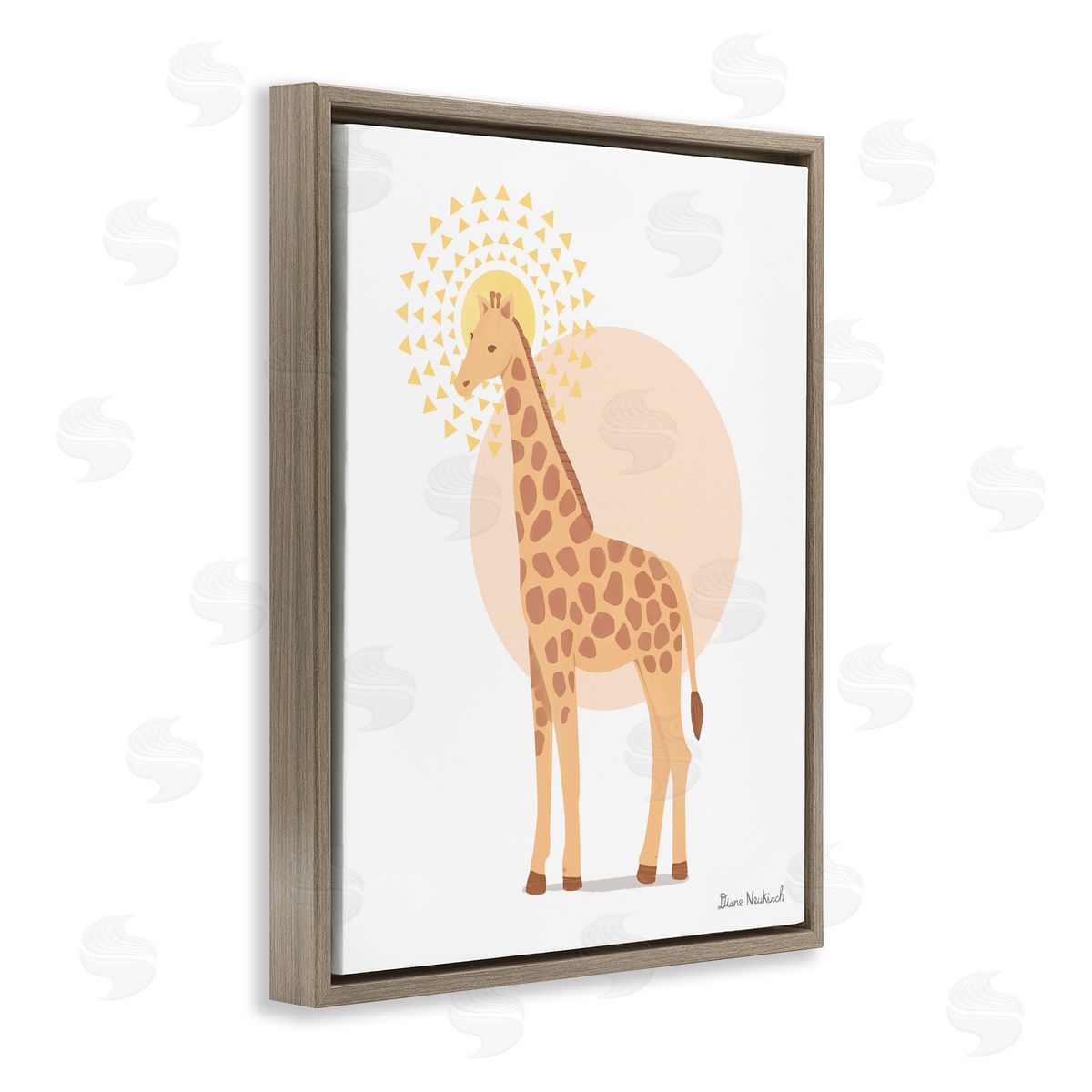Diane Neukirch Graceful Giraffe Geometric Sun Pattern Animal Illustration Brown Floating Frame Canvas Wall Art Print
