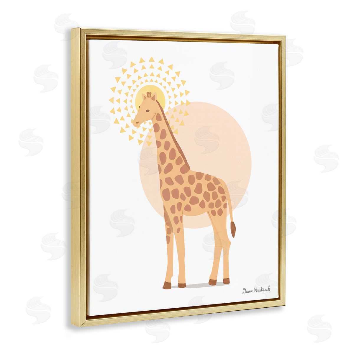Diane Neukirch Graceful Giraffe Geometric Sun Pattern Animal Illustration Gold Floating Frame Canvas Wall Art Print