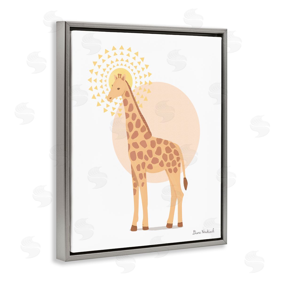 Diane Neukirch Graceful Giraffe Geometric Sun Pattern Animal Illustration Gray Floating Frame Canvas Wall Art Print