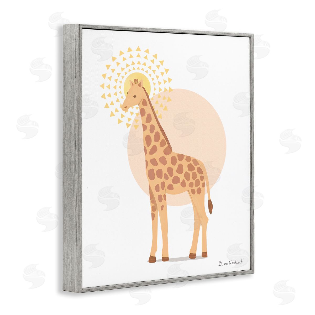 Diane Neukirch Graceful Giraffe Geometric Sun Pattern Animal Illustration Gray Framed Giclee Wall Art Print