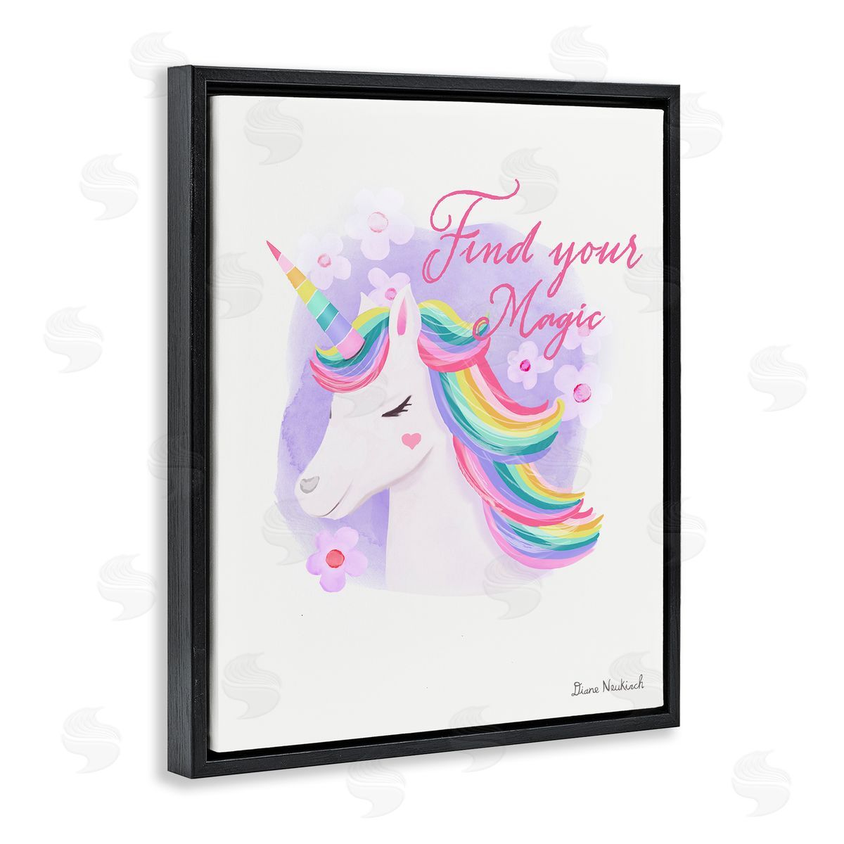 Diane Neukirch Find Your Magic Bold Rainbow Floral Unicorn Mane Black Floating Frame Canvas Wall Art Print