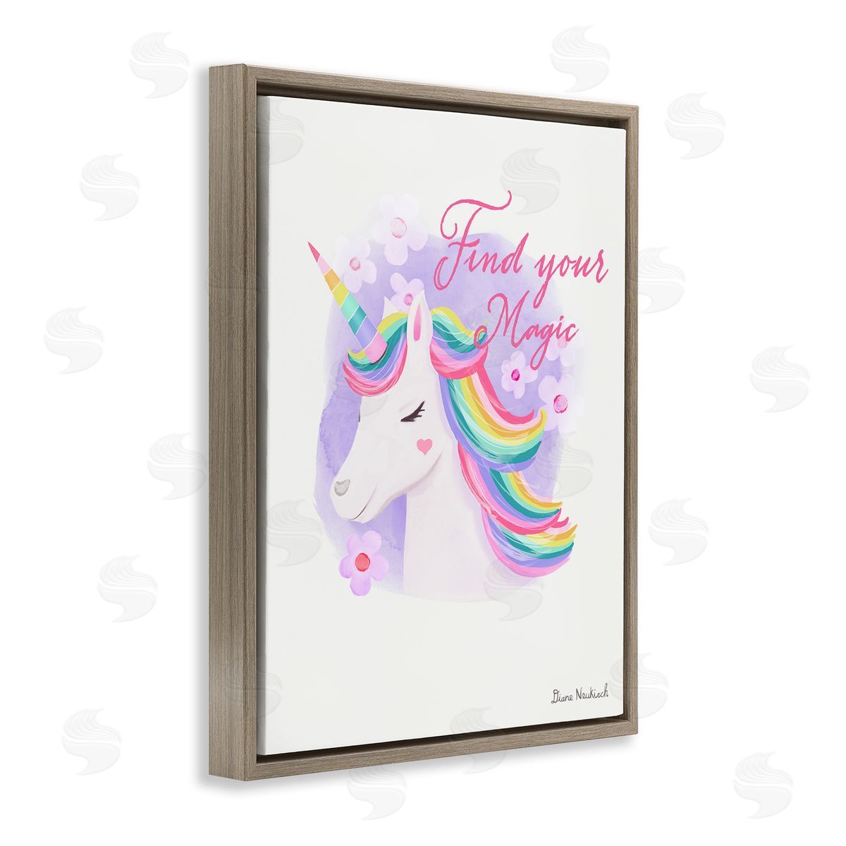 Diane Neukirch Find Your Magic Bold Rainbow Floral Unicorn Mane Brown Floating Frame Canvas Wall Art Print