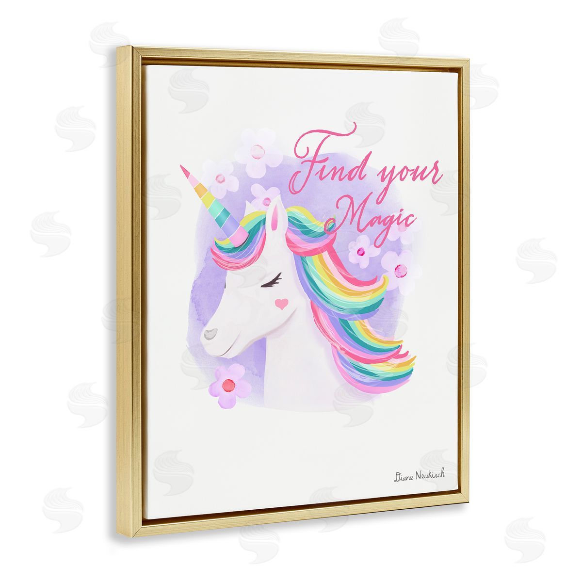 Diane Neukirch Find Your Magic Bold Rainbow Floral Unicorn Mane Gold Floating Frame Canvas Wall Art Print