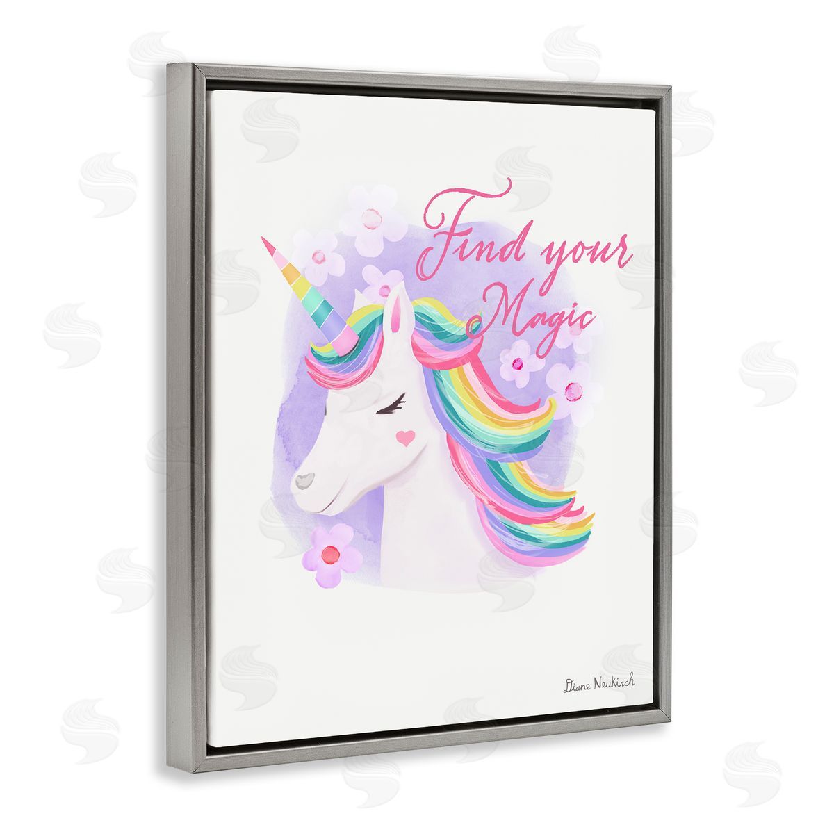 Diane Neukirch Find Your Magic Bold Rainbow Floral Unicorn Mane Gray Floating Frame Canvas Wall Art Print