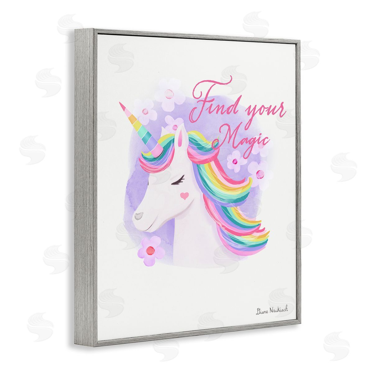 Diane Neukirch Find Your Magic Bold Rainbow Floral Unicorn Mane Gray Framed Giclee Wall Art Print