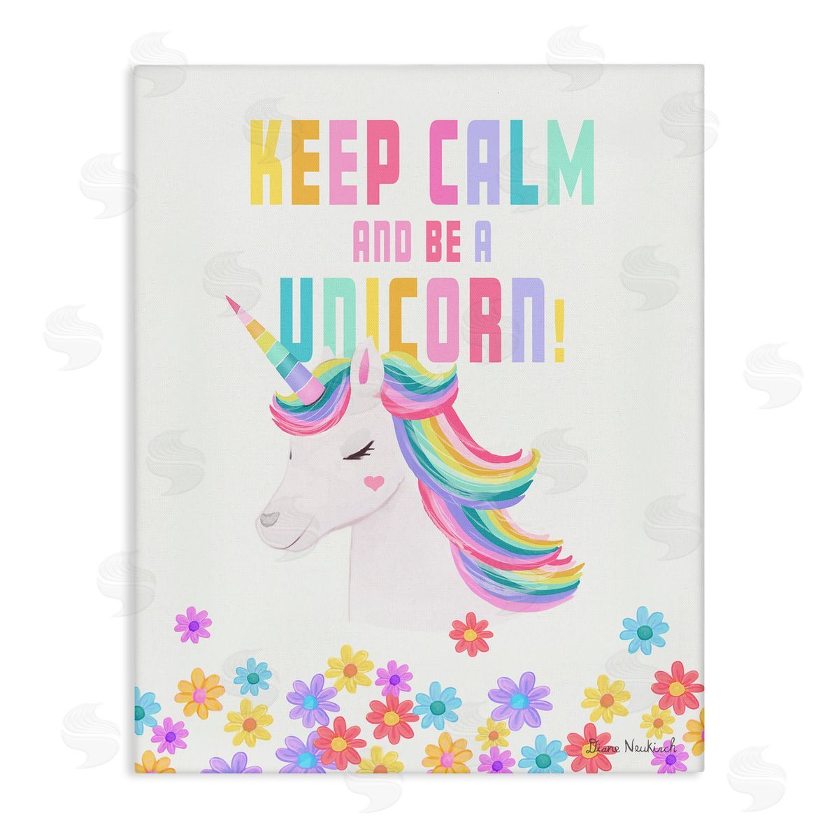 Diane Neukirch Keep Calm Be A Unicorn Playful Quote Pastel Florals Stretched Canvas Wall Art Print