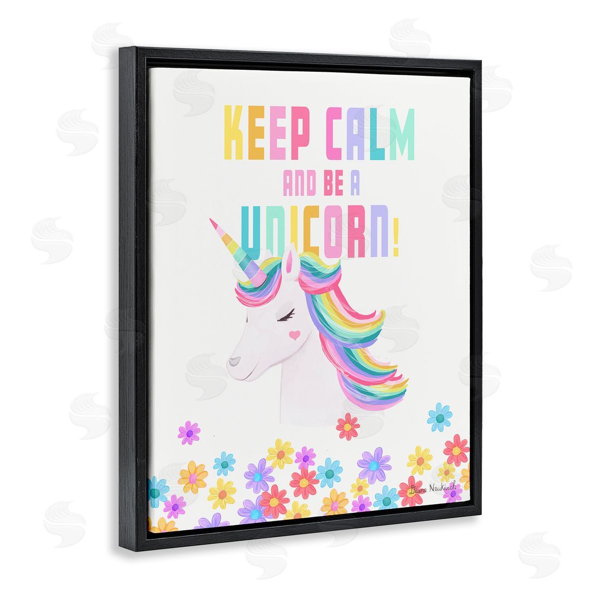Diane Neukirch Keep Calm Be A Unicorn Playful Quote Pastel Florals Black Floating Frame Canvas Wall Art Print