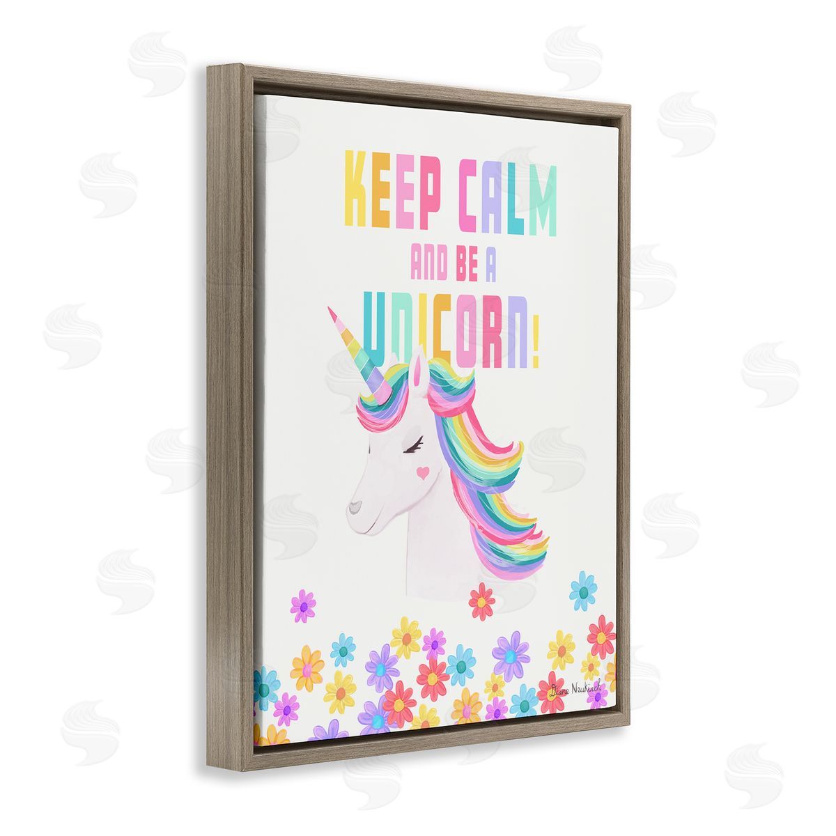 Diane Neukirch Keep Calm Be A Unicorn Playful Quote Pastel Florals Brown Floating Frame Canvas Wall Art Print