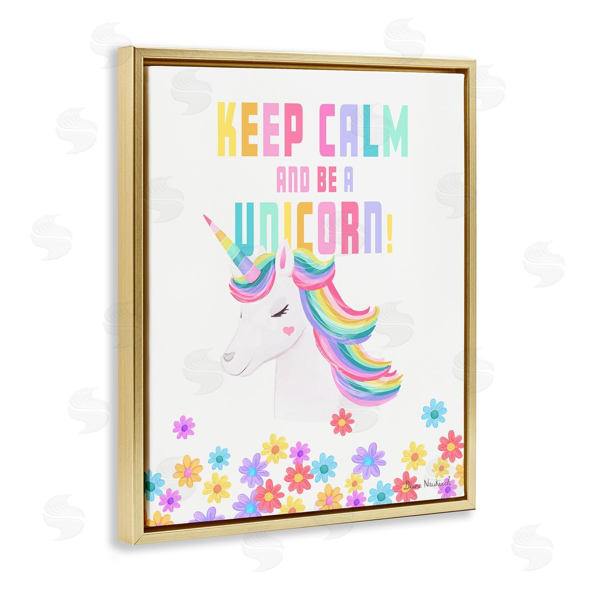 Diane Neukirch Keep Calm Be A Unicorn Playful Quote Pastel Florals Gold Floating Frame Canvas Wall Art Print