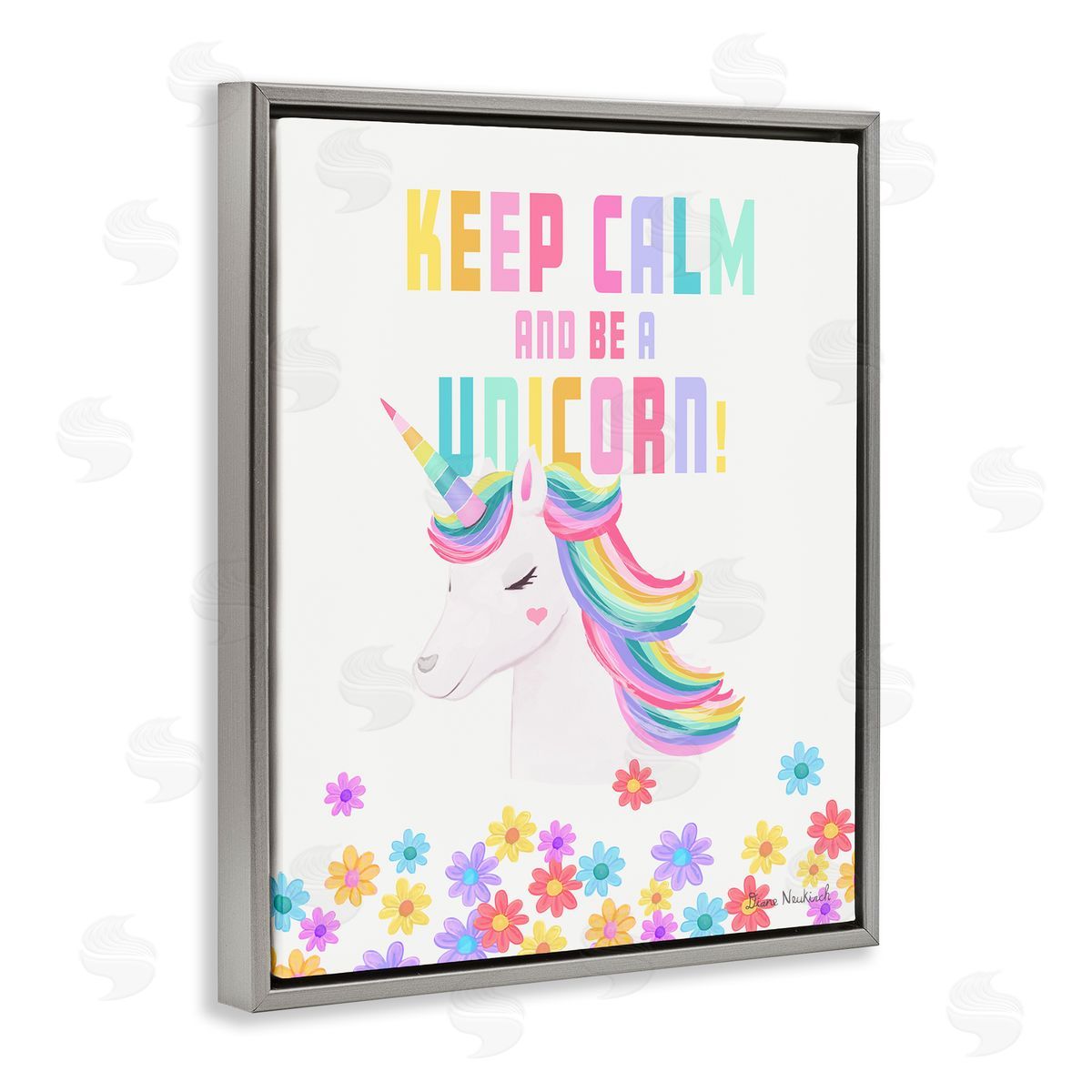 Diane Neukirch Keep Calm Be A Unicorn Playful Quote Pastel Florals Gray Floating Frame Canvas Wall Art Print