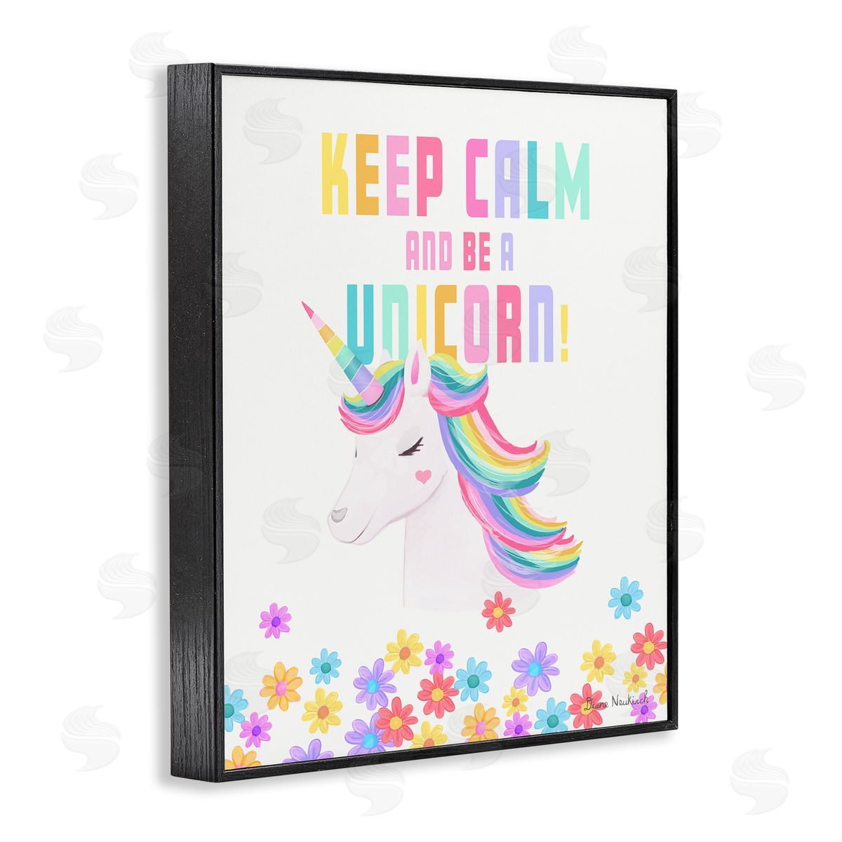 Diane Neukirch Keep Calm Be A Unicorn Playful Quote Pastel Florals Black Framed Giclee Wall Art Print