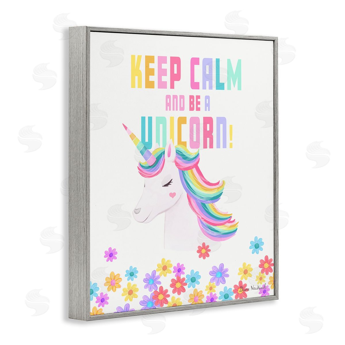 Diane Neukirch Keep Calm Be A Unicorn Playful Quote Pastel Florals Gray Framed Giclee Wall Art Print