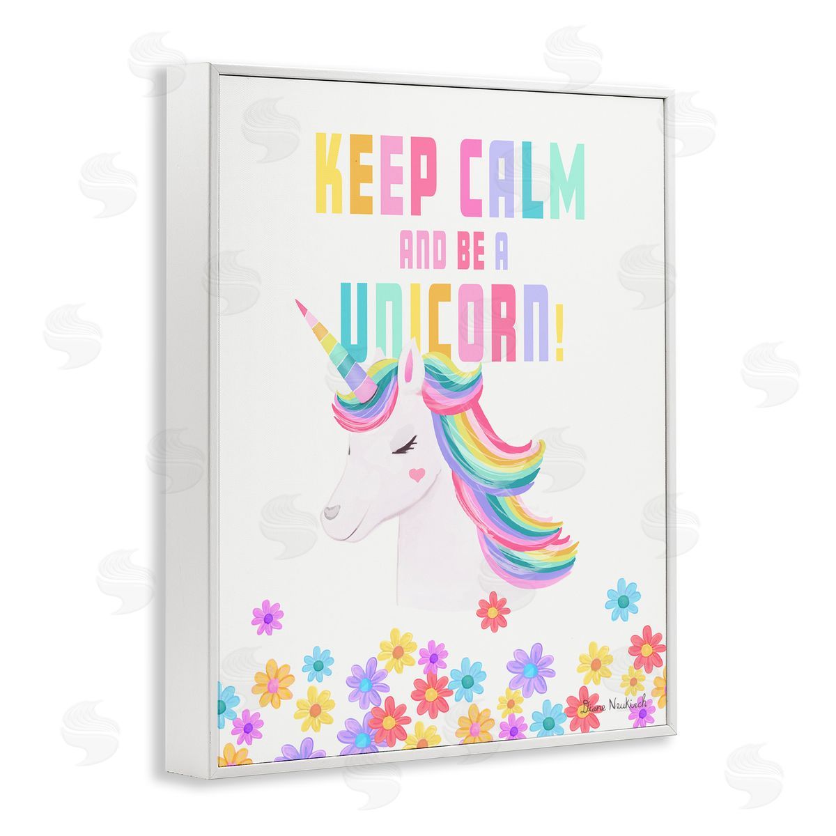 Diane Neukirch Keep Calm Be A Unicorn Playful Quote Pastel Florals White Framed Giclee Wall Art Print