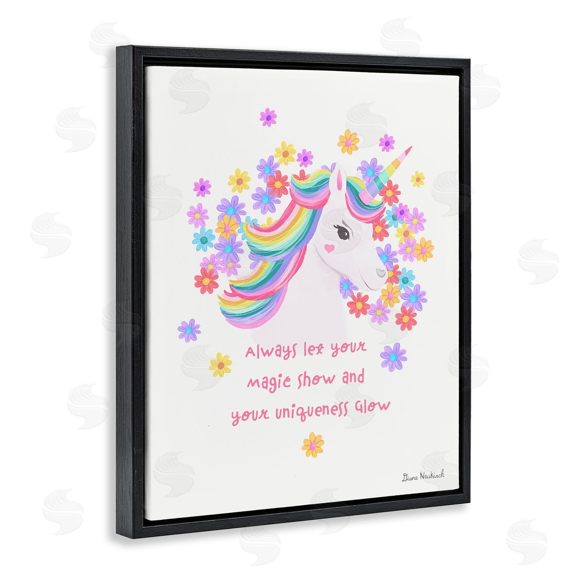 Diane Neukirch Magical & Unique Quote Floral Pattern Unicorn Portrait  Black Floating Frame Canvas Wall Art Print