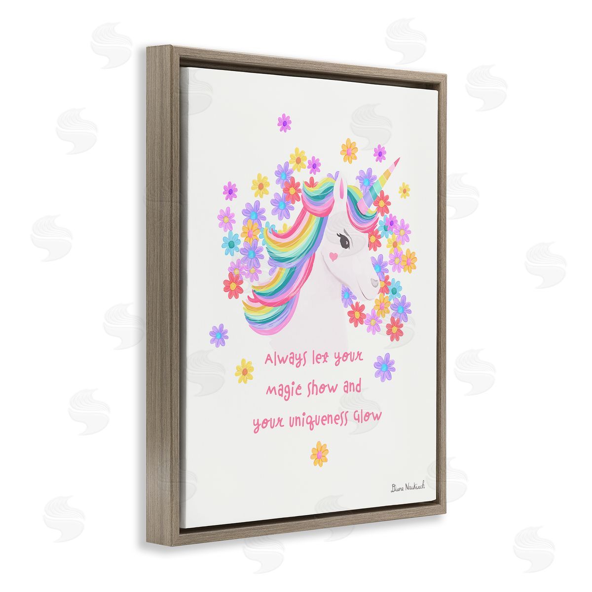 Diane Neukirch Magical & Unique Quote Floral Pattern Unicorn Portrait  Brown Floating Frame Canvas Wall Art Print