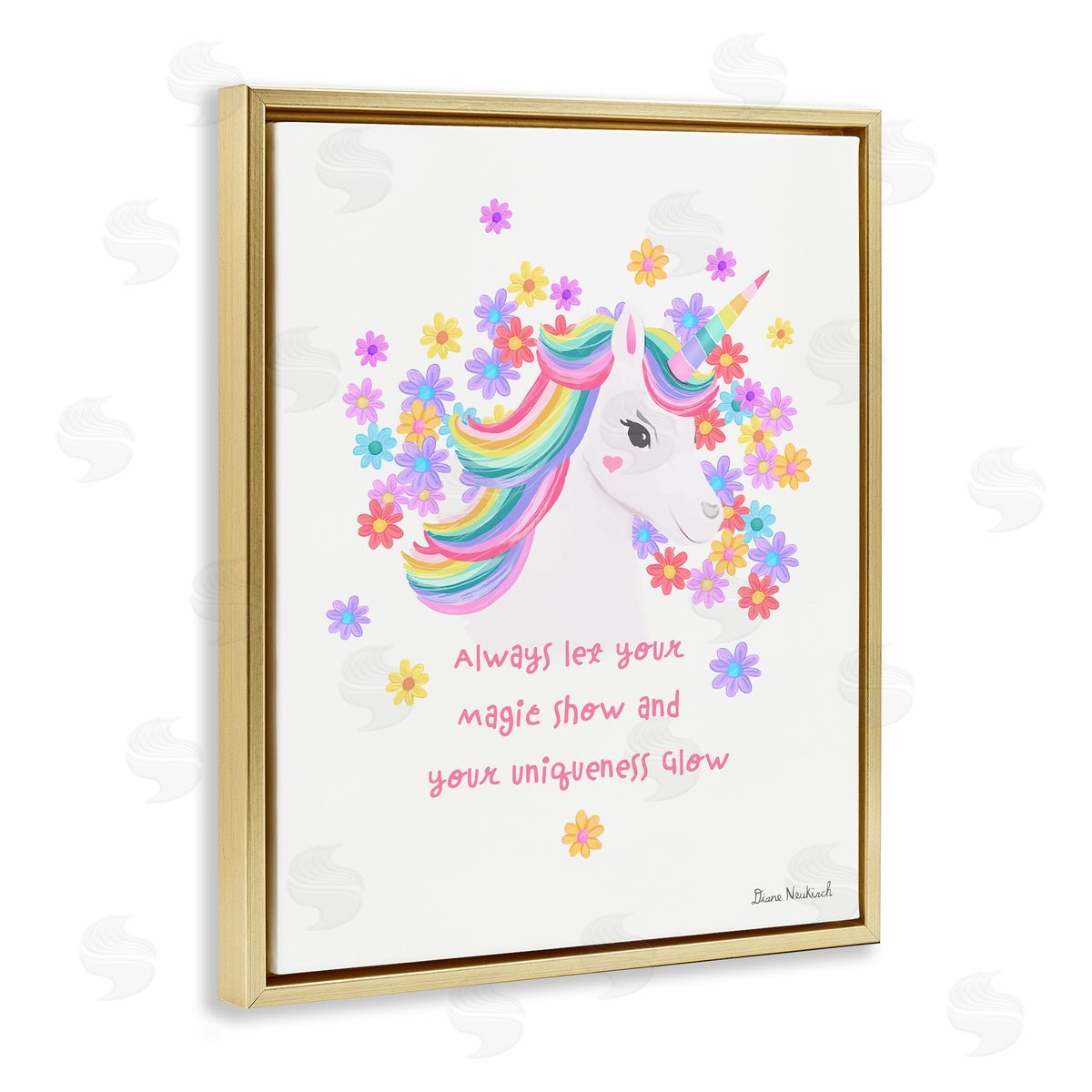 Diane Neukirch Magical & Unique Quote Floral Pattern Unicorn Portrait  Gold Floating Frame Canvas Wall Art Print
