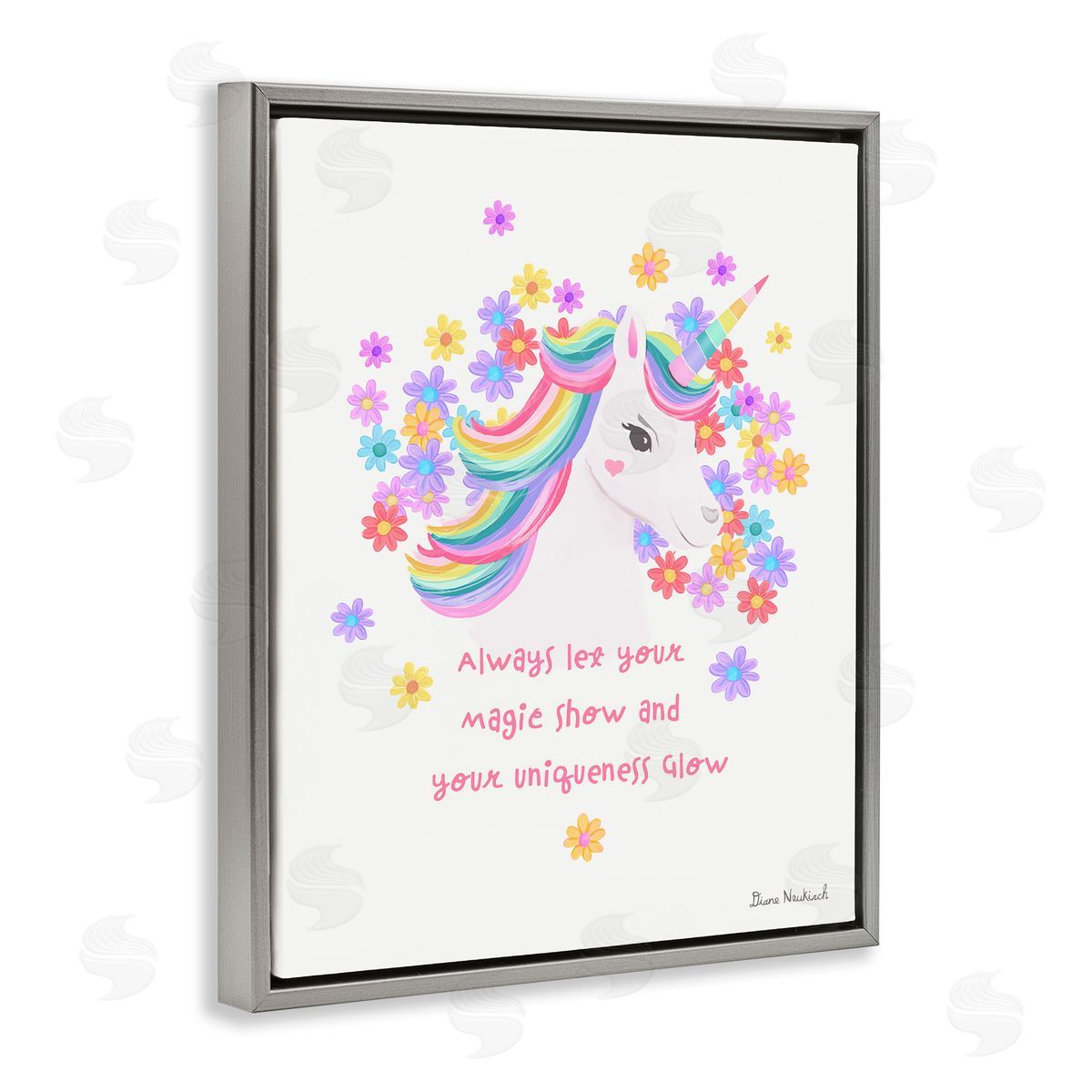 Diane Neukirch Magical & Unique Quote Floral Pattern Unicorn Portrait  Gray Floating Frame Canvas Wall Art Print