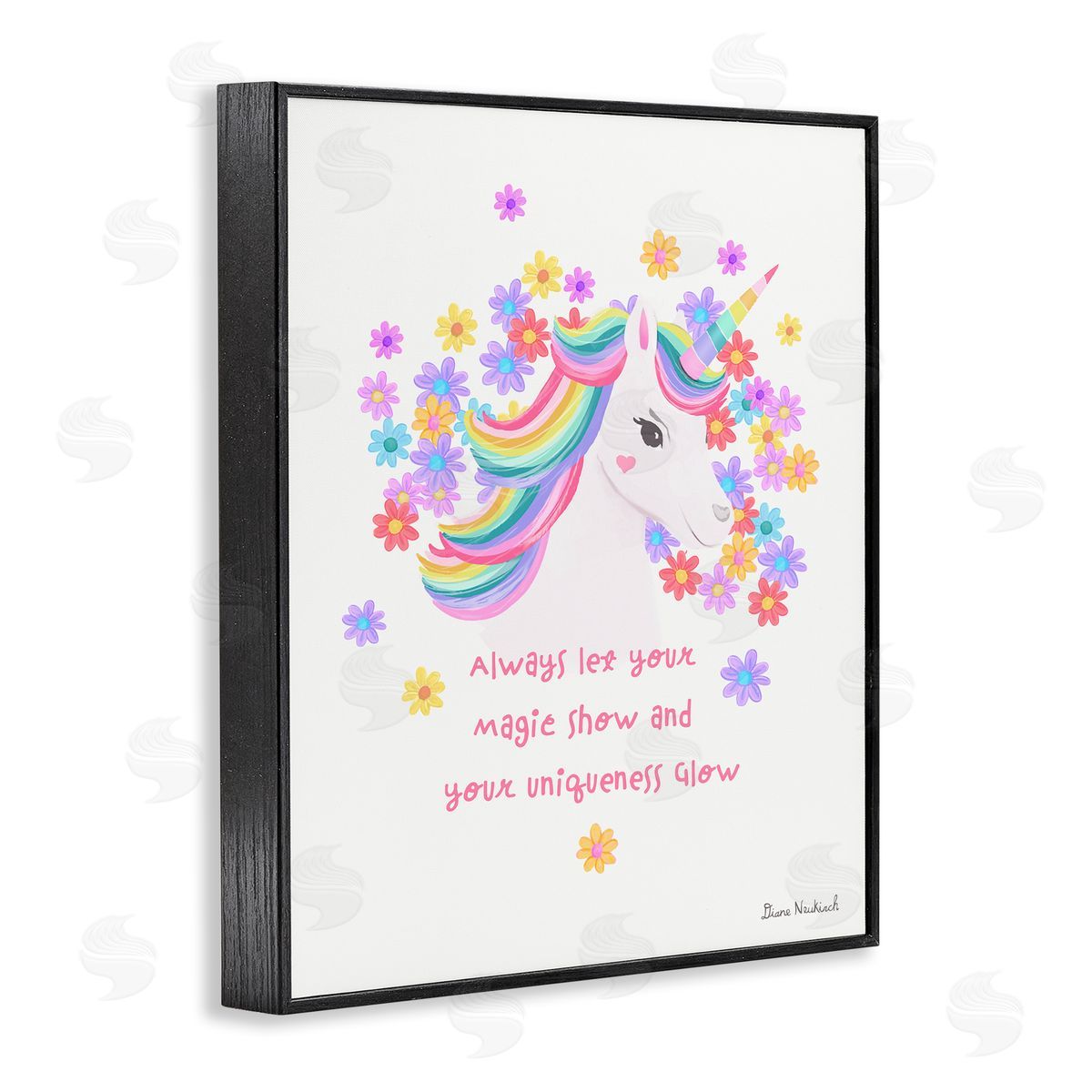 Diane Neukirch Magical & Unique Quote Floral Pattern Unicorn Portrait  Black Framed Giclee Wall Art Print