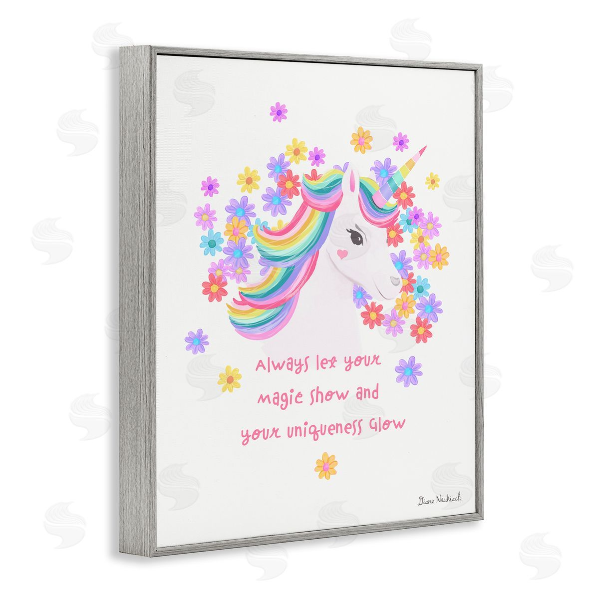 Diane Neukirch Magical & Unique Quote Floral Pattern Unicorn Portrait  Gray Framed Giclee Wall Art Print
