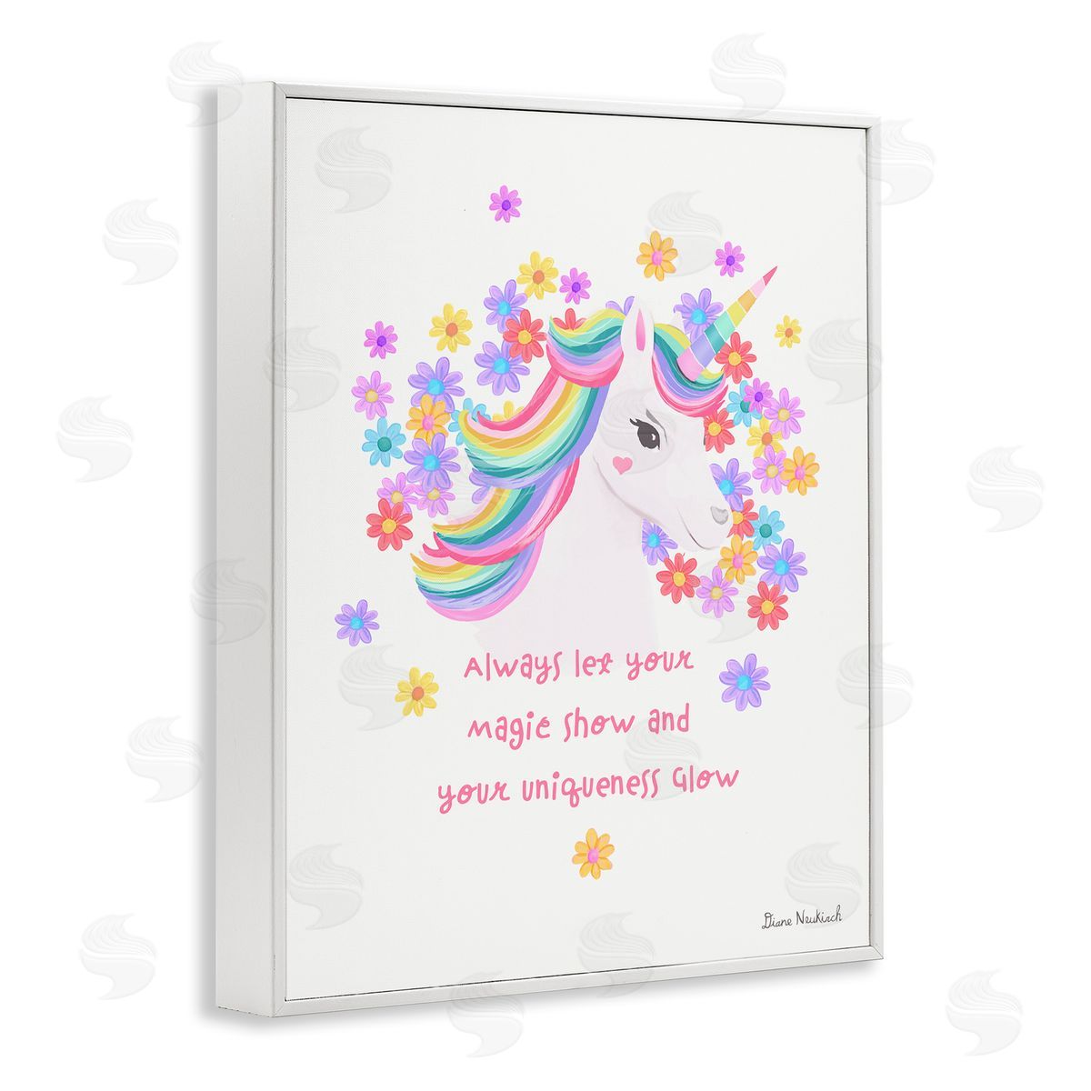 Diane Neukirch Magical & Unique Quote Floral Pattern Unicorn Portrait  White Framed Giclee Wall Art Print