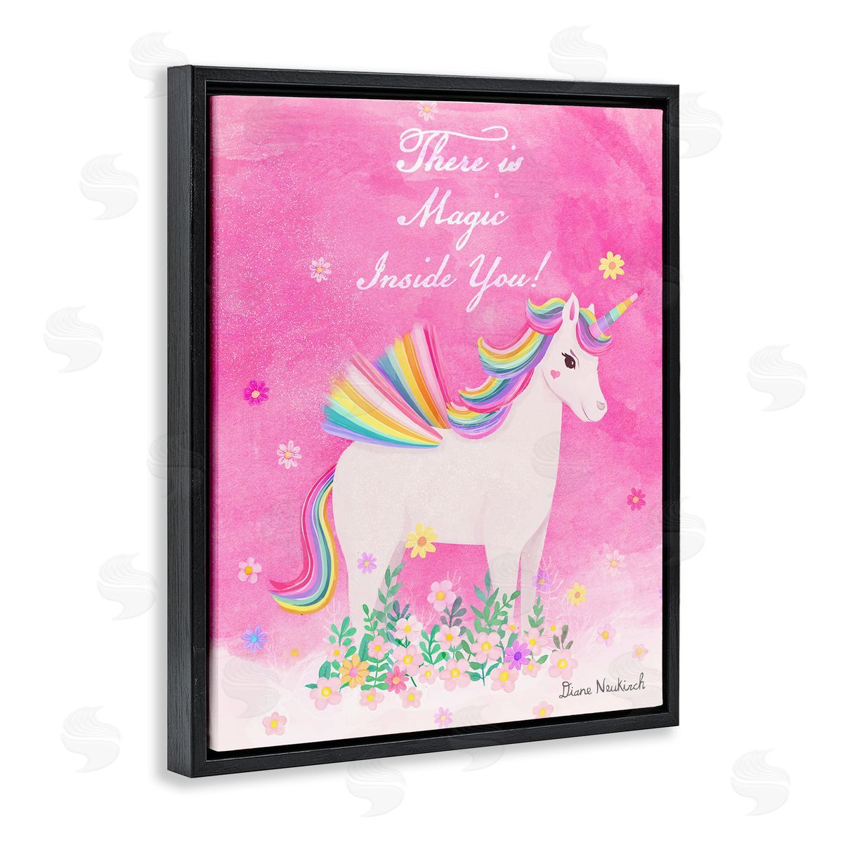 Diane Neukirch Magic Inside You Motivational Unicorn Quote Botanical Blossoms Black Floating Frame Canvas Wall Art Print