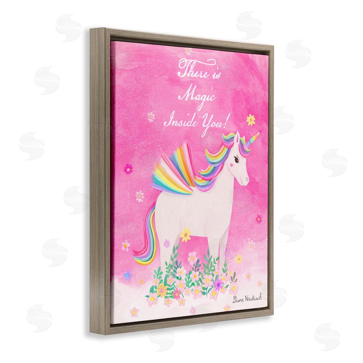 Diane Neukirch Magic Inside You Motivational Unicorn Quote Botanical Blossoms Brown Floating Frame Canvas Wall Art Print