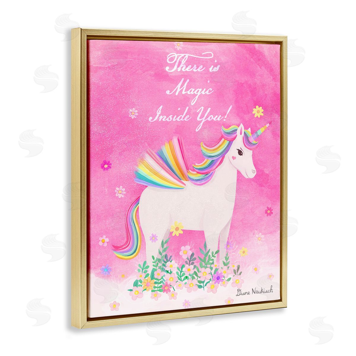 Diane Neukirch Magic Inside You Motivational Unicorn Quote Botanical Blossoms Gold Floating Frame Canvas Wall Art Print