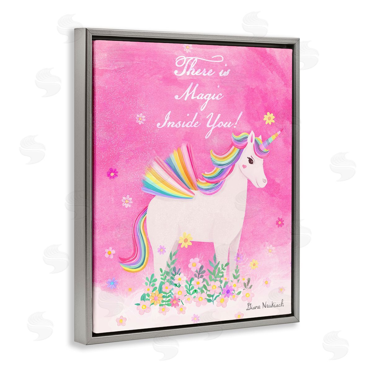 Diane Neukirch Magic Inside You Motivational Unicorn Quote Botanical Blossoms Gray Floating Frame Canvas Wall Art Print