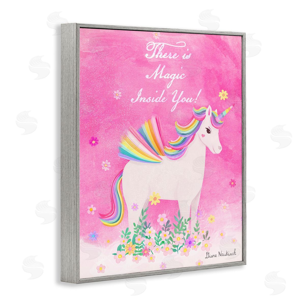 Diane Neukirch Magic Inside You Motivational Unicorn Quote Botanical Blossoms Gray Framed Giclee Wall Art Print