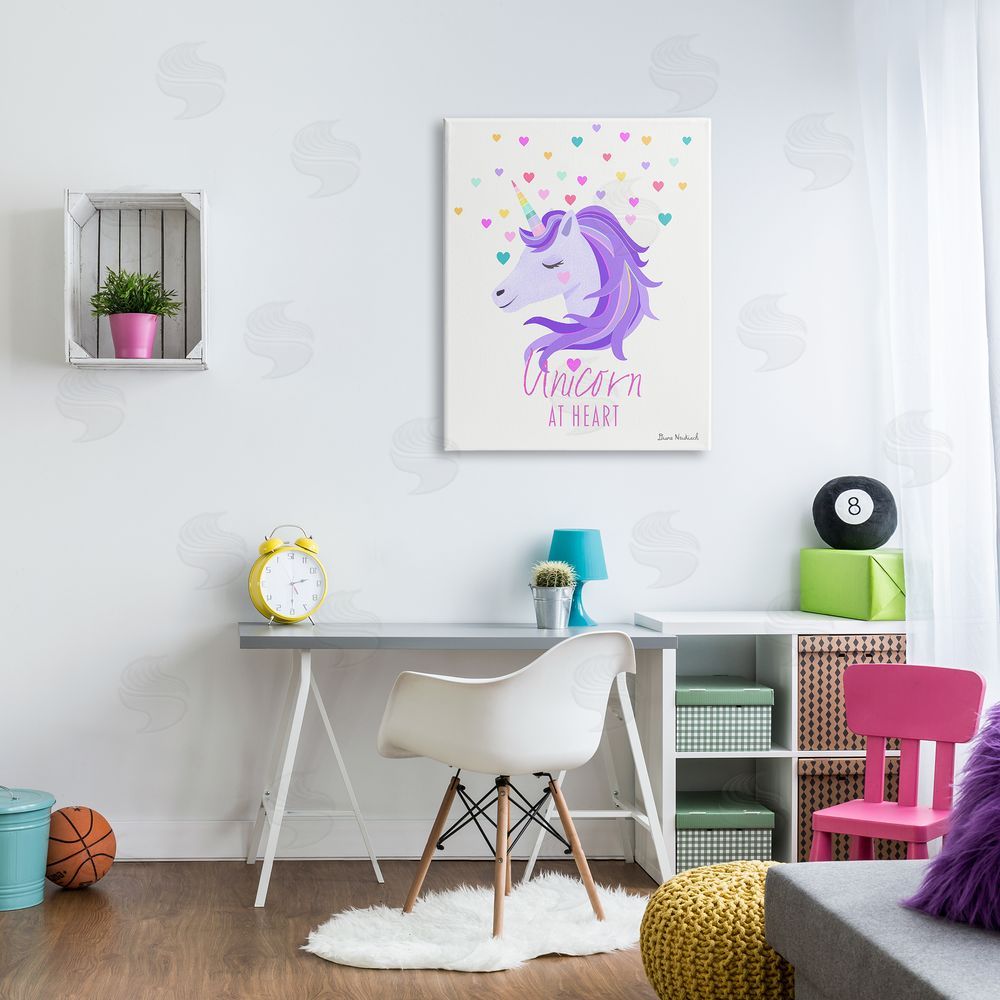 Diane Neukirch Unicorn At Heart Phrase Pastel Purple Hearts Pattern  Canvas Wall Art Print in Room