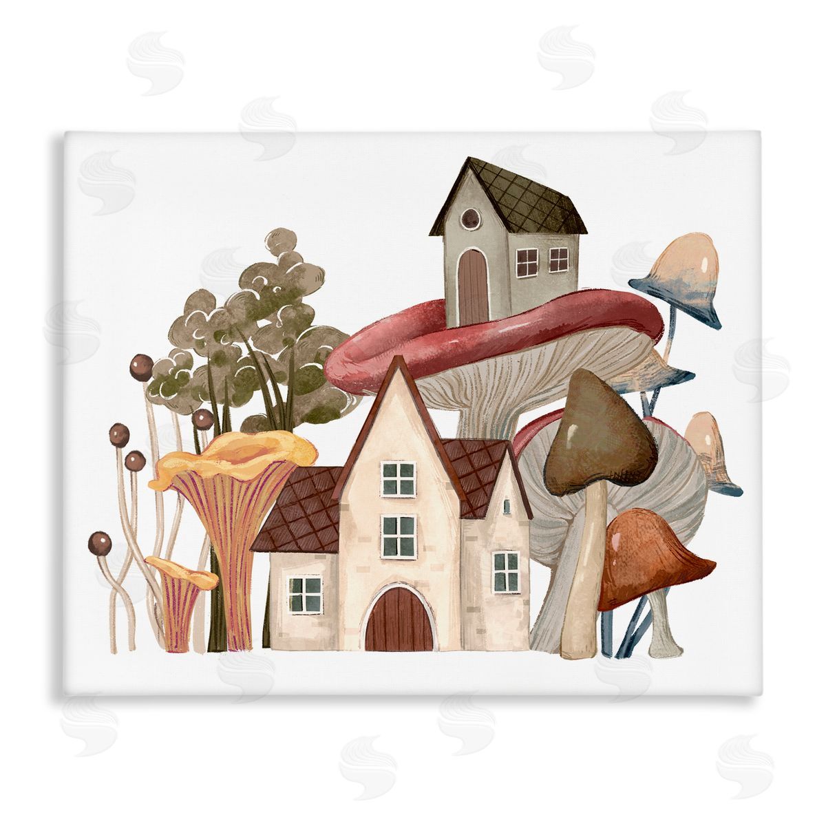 Ziwei Li Cozy Cottages Whimsical Mushroom Town Botanical Forest Stretched Canvas Wall Art Print