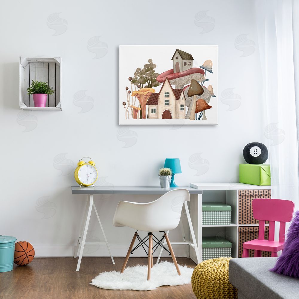 Ziwei Li Cozy Cottages Whimsical Mushroom Town Botanical Forest Canvas Wall Art Print in Room