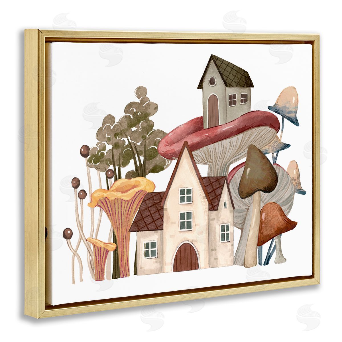 Ziwei Li Cozy Cottages Whimsical Mushroom Town Botanical Forest Gold Floating Frame Canvas Wall Art Print