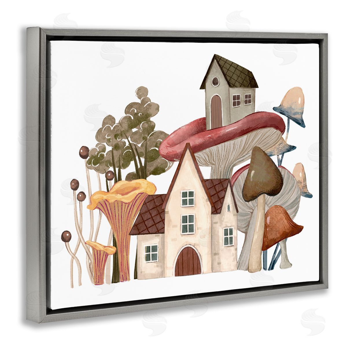 Ziwei Li Cozy Cottages Whimsical Mushroom Town Botanical Forest Gray Floating Frame Canvas Wall Art Print