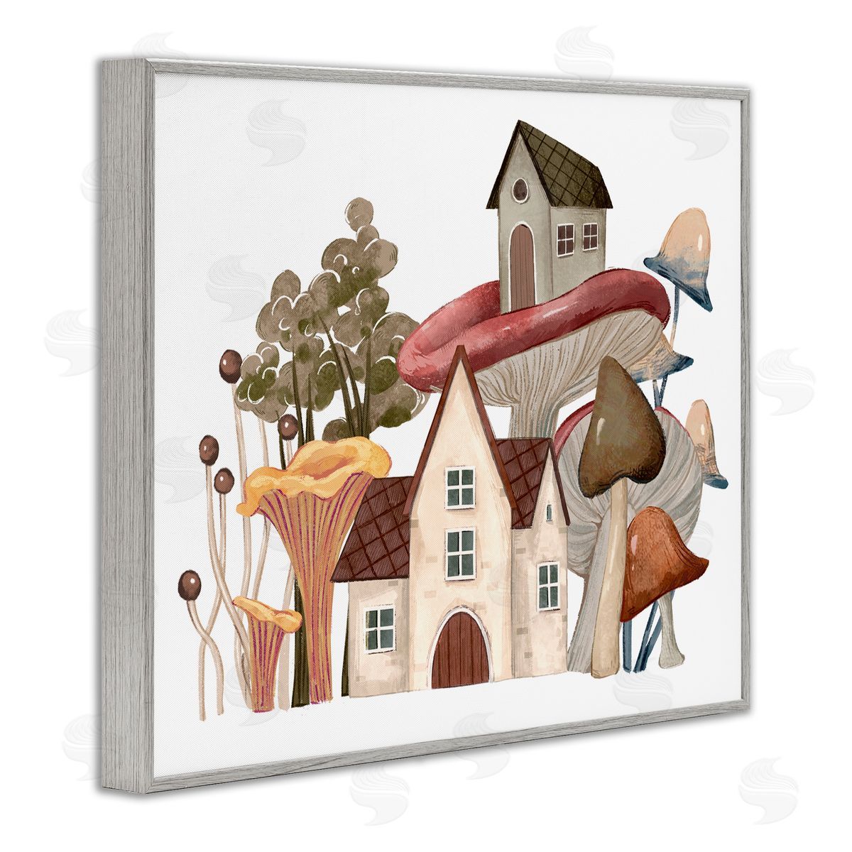 Ziwei Li Cozy Cottages Whimsical Mushroom Town Botanical Forest Gray Framed Giclee Wall Art Print