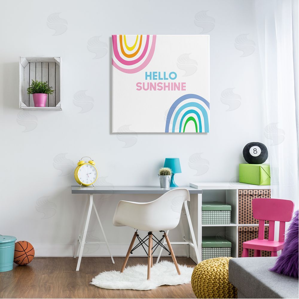 Ilene Segal Hello Sunshine Pastel Greeting Pink Blue Rainbows  Canvas Wall Art in Room