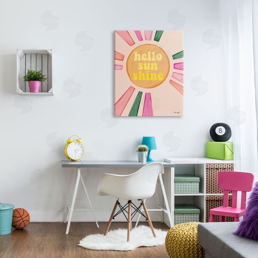 Ilene Segal Hello Sunshine Groovy Text Pink Green Sun Rays Canvas Wall Art Print in Room