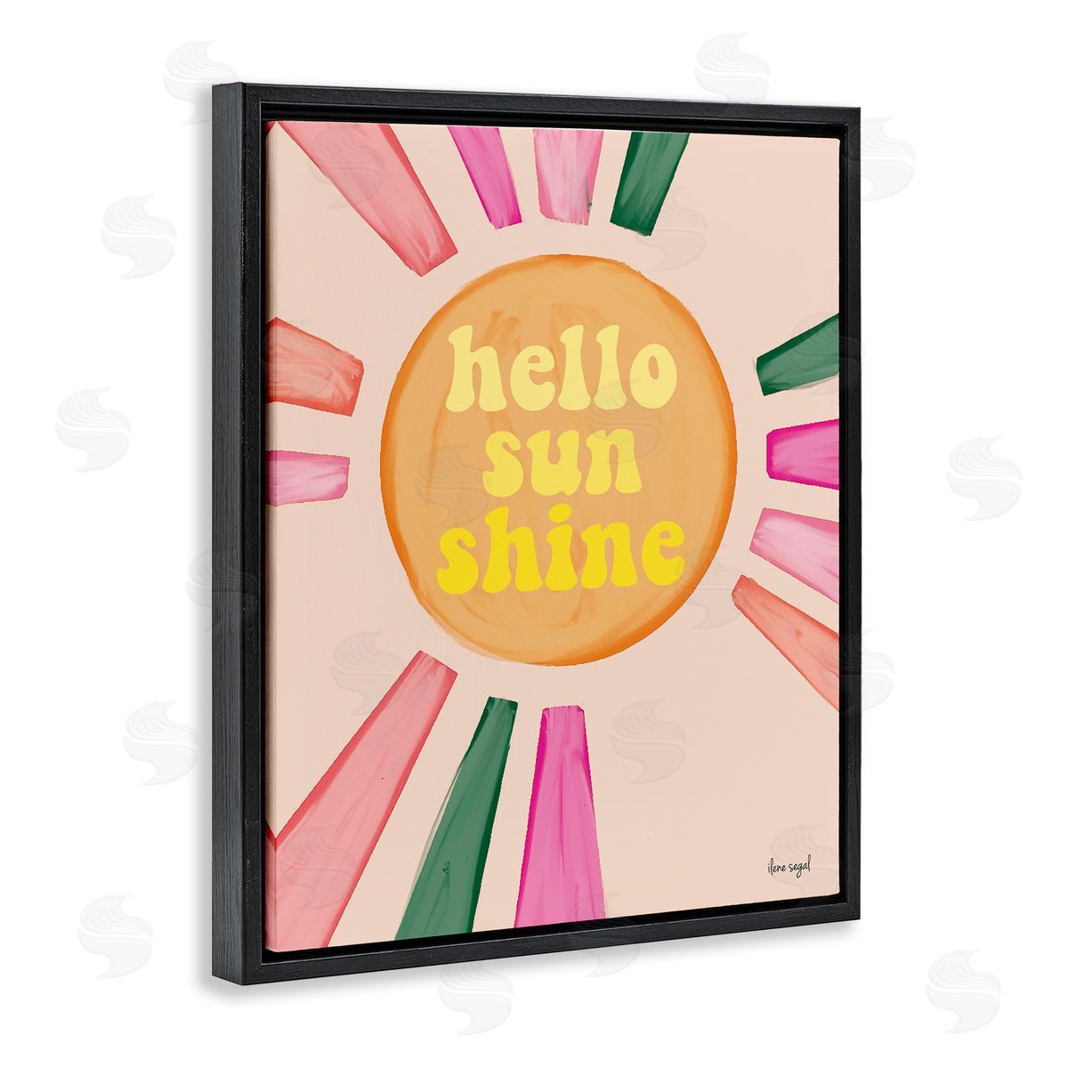 Ilene Segal Hello Sunshine Groovy Text Pink Green Sun Rays Black Floating Frame Canvas Wall Art Print