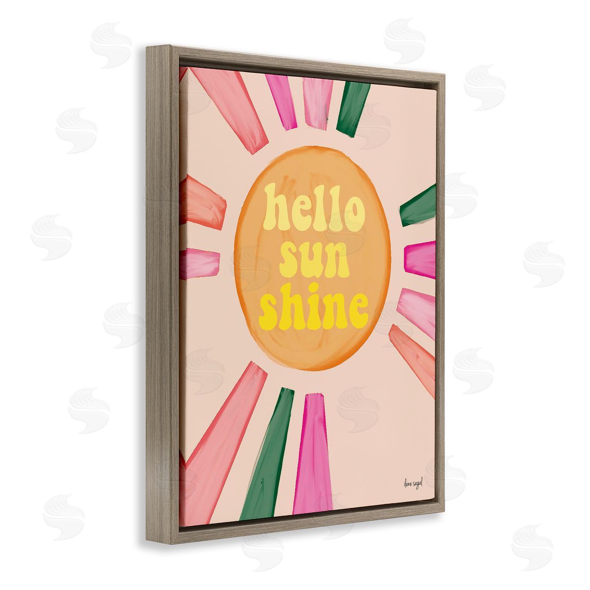 Ilene Segal Hello Sunshine Groovy Text Pink Green Sun Rays Brown Floating Frame Canvas Wall Art Print